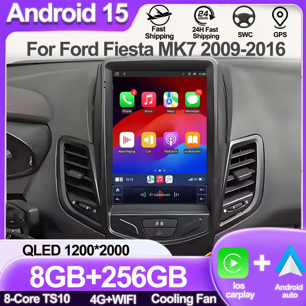 

Carplay Android для Ford Fiesta MK7 2009-2016 Tesla Style Автомобильный радиоприемник Мультимедийный видеоплеер Интеллектуальная система 8-ядерный дисплей 5G