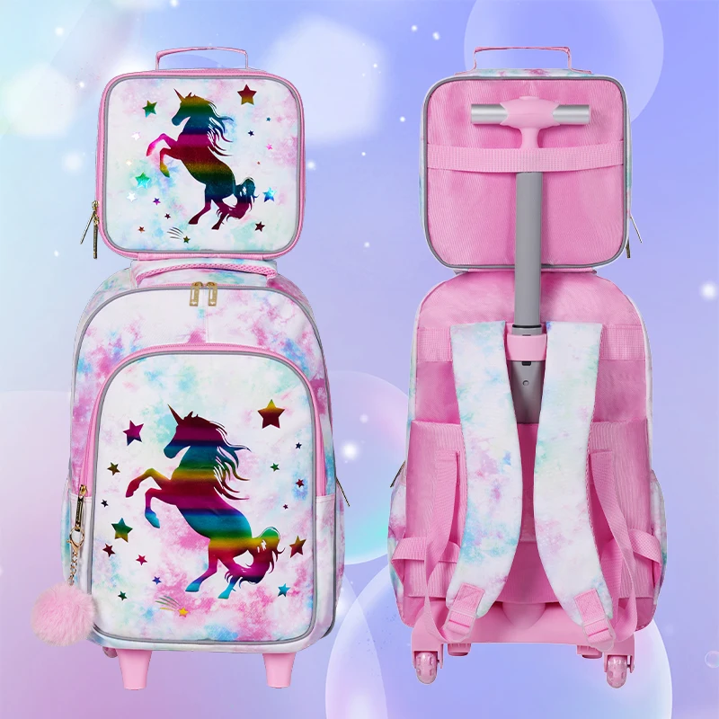 3PCS Rolling Backpack for Girls Kids Wheeled School BookBag With Lunch And Pen Bag Pink Unicorn Glow-in-the-dark Function