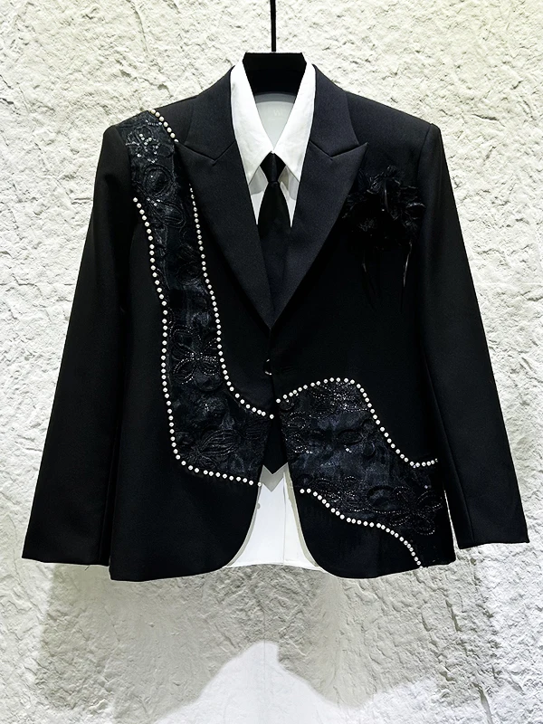 

Heavy-Work Design Embroidered Pattern Beaded Men's Suit Jacket Fashionable Luxury Black Top Coat Casual Urban Style Long Sleeve