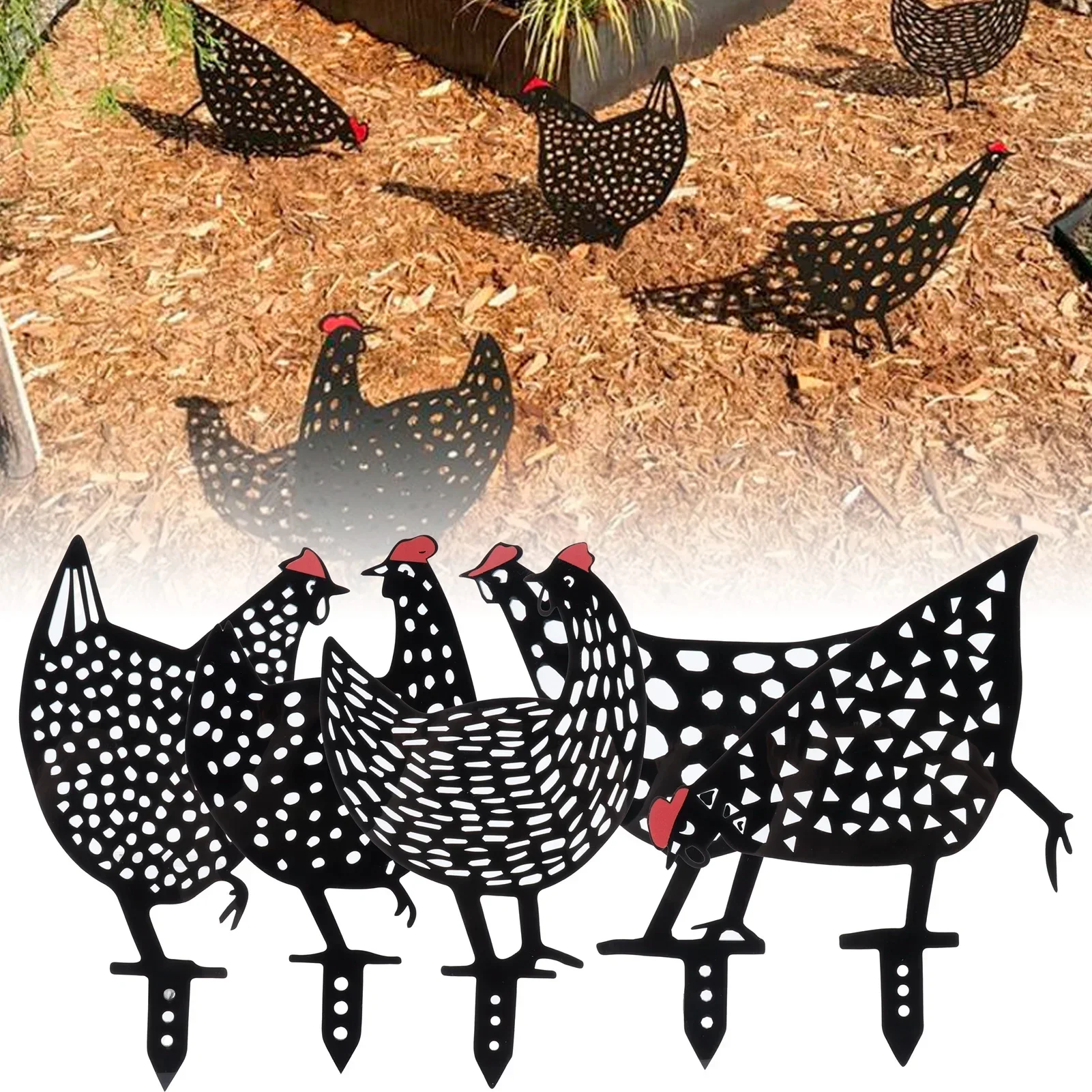 Afbeelding: 5 Stuks Zwarte Kip Staken Set Acryl Dier Vorm Beelden Decoratie Voor Tuin Tuin
