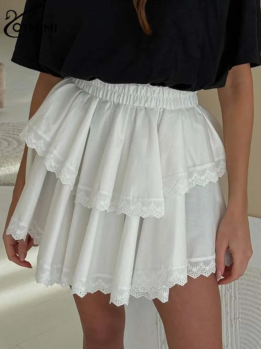 Oymimi Fashion White Lace Women\'s Skirt Elegant New High Waisted Pleated Skirts Autumn Casual Cotton Mini Skirt Female Clothing