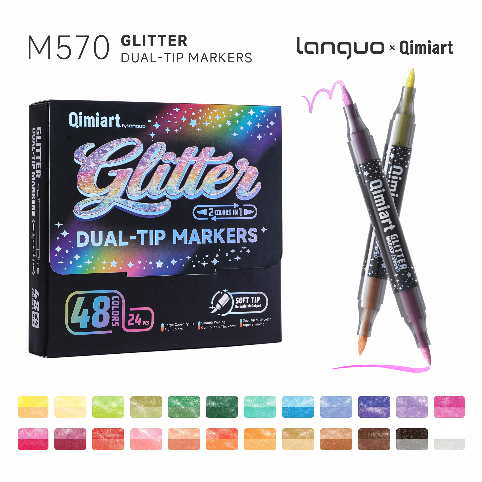 Languo 48/96 kleuren dubbele punt glitter art markers metallic verf markers pennen voor DIY knutselwerk, verjaardagskaarten, posters maken, albums.