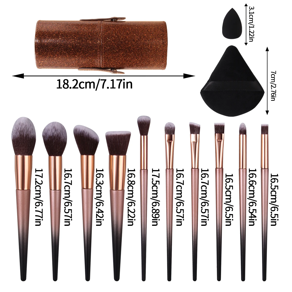 10-teiliges Make-up-Pinsel-Set, Farbverlaufsgriff + blitzbraune Aufbewahrungseimer, wird mit 2 Mini-Beauty-Eiern + 2 dreieckigen Puderquasten geliefert