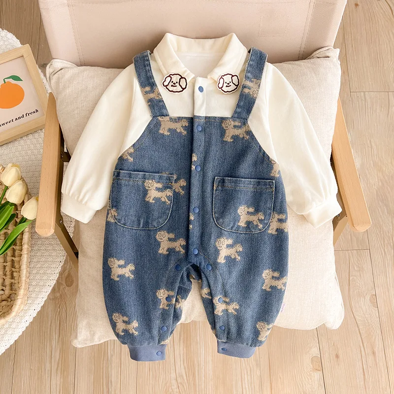 

2023 Korean Autumn Newborn Boys Jumpsuit Lace Print Recreational Denim Infant Boys Bodysuit Casual Loose Baby Boys Outfit Set