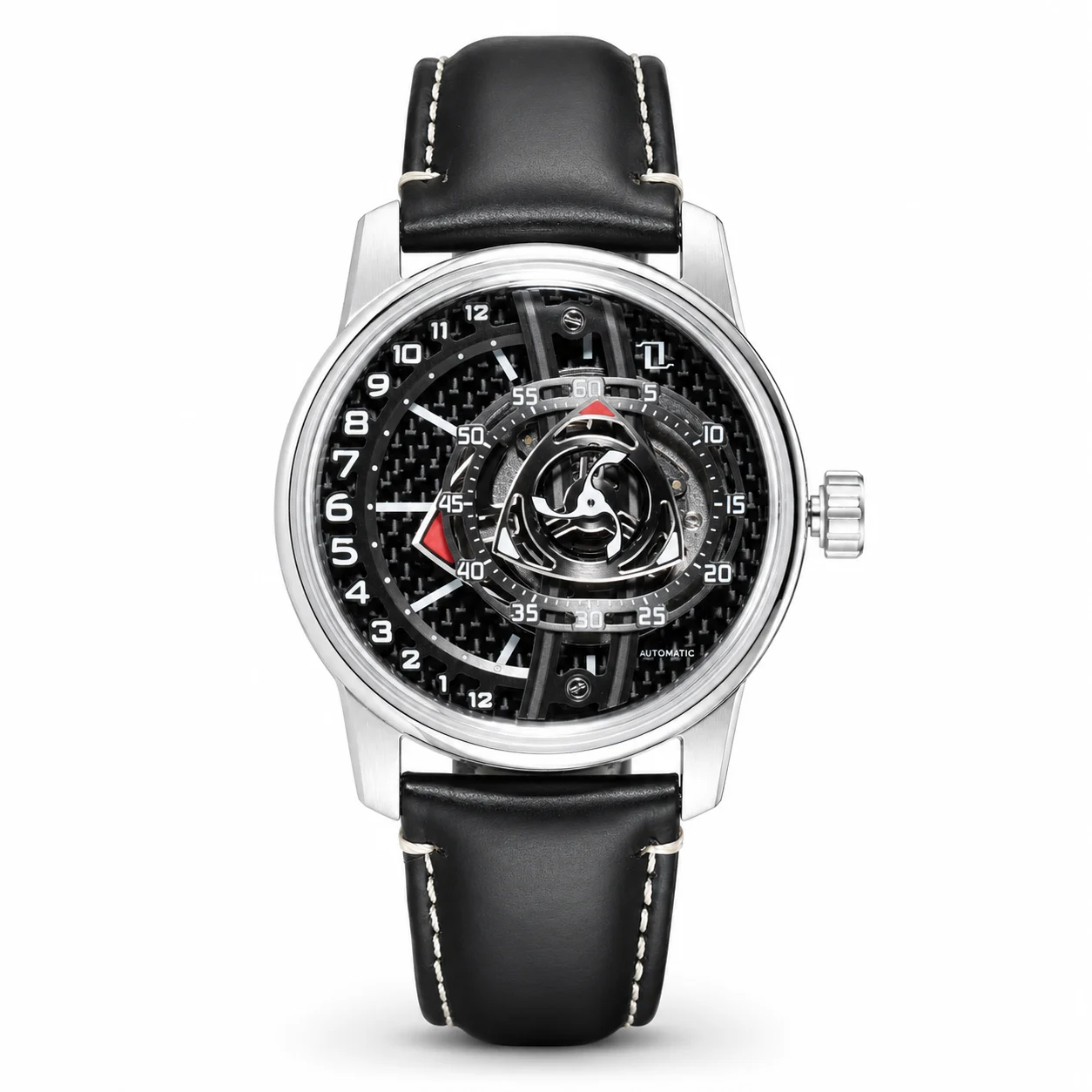 OBLVLO Men's Luxury mechanical Watch: Carbon fiber rotor-style dial, blue luminous accents, and fluoroelastomer strap.