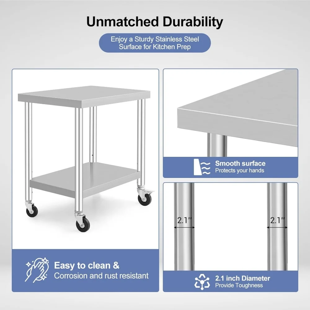 Mesa de acero inoxidable con ruedas, mesa de preparación de alimentos para cocina, mesa de trabajo de metal resistente para garaje, lavandería, hotel