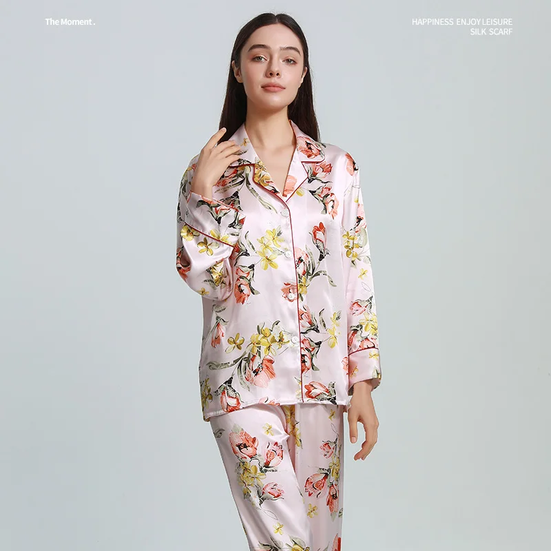 Printed 100% Mulberry Silk Long-sleeved Tops and Trousers Pajamas Suit Lapel Button Down Cardigan Sleepwear PJ Autumn Pajama Set