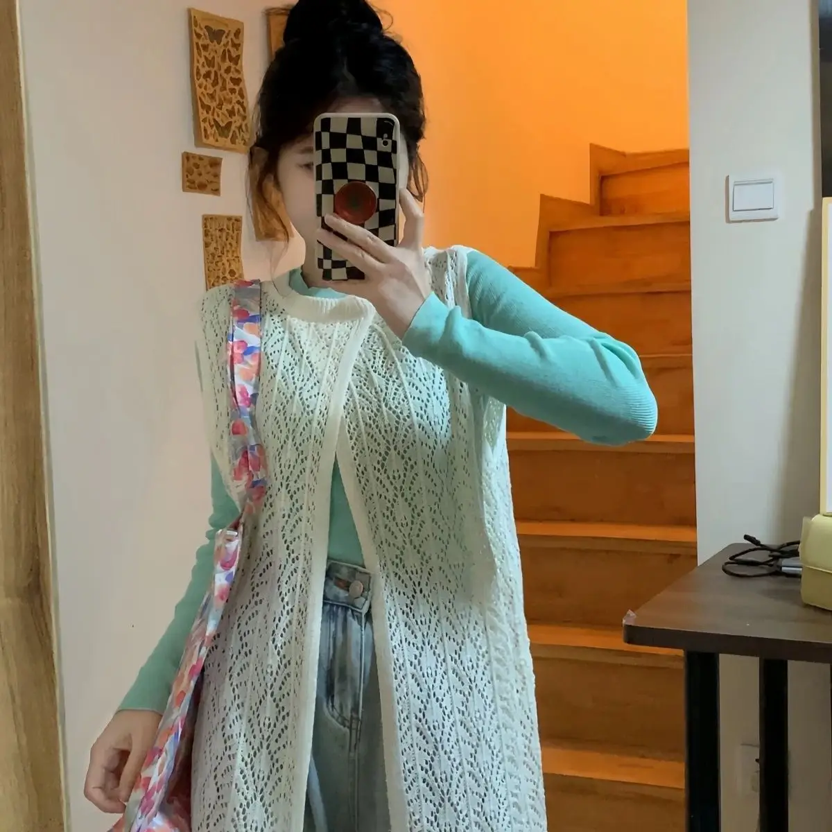 Saia de malha para mulheres, top em camadas, nicho do senso de design, fenda traseira, saia chique longa, verão