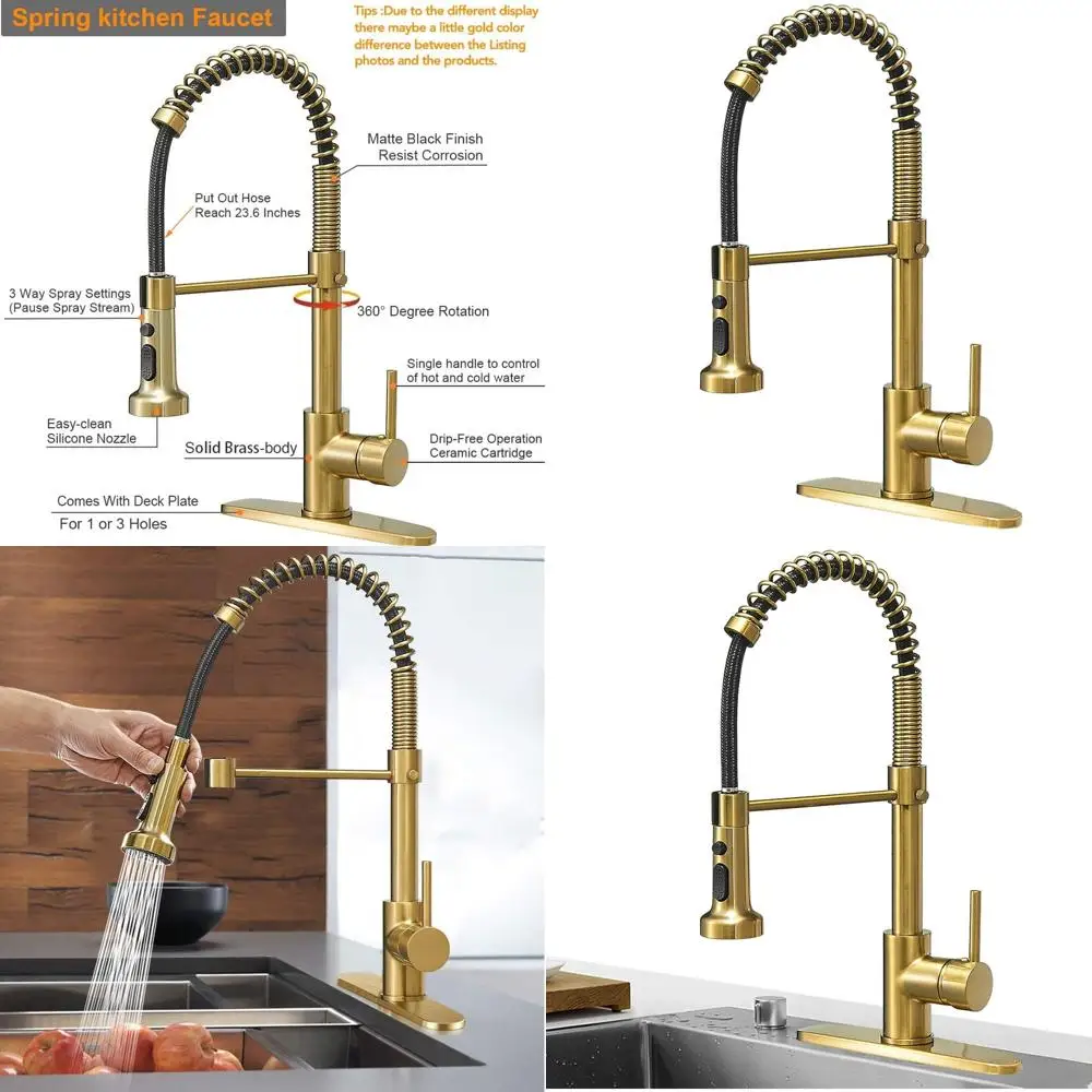 

Pull-Down Spray Single Lever Brushed Gold Kitchen Faucet for RV and Laundry, 3-Function High Arc Design