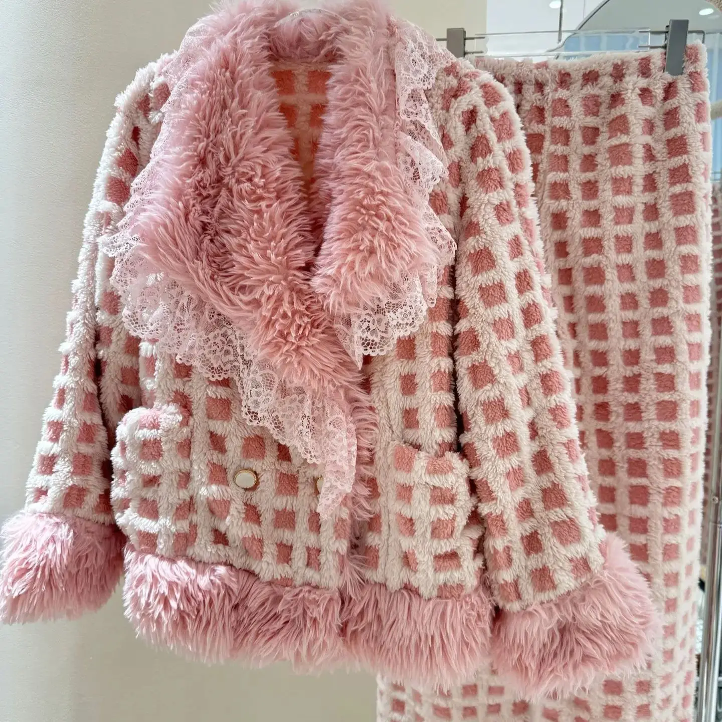 

Розовый коралловый флис, пушистые зимние женские пижамные комплекты, утепленная клетчатая теплая домашняя одежда, комплект одежды для сна, комплект брюк с длинными рукавами