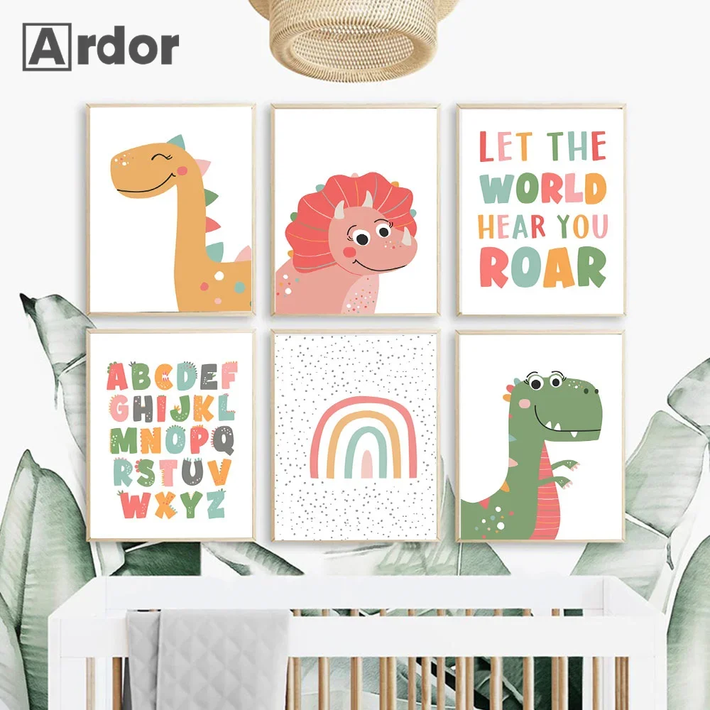

Boho Cartoon Posters and Prints Dinosaur Alphabet Rainbow Quotes Nursery Wall Art Canvas Painting Pictures Baby Kids Room Decor