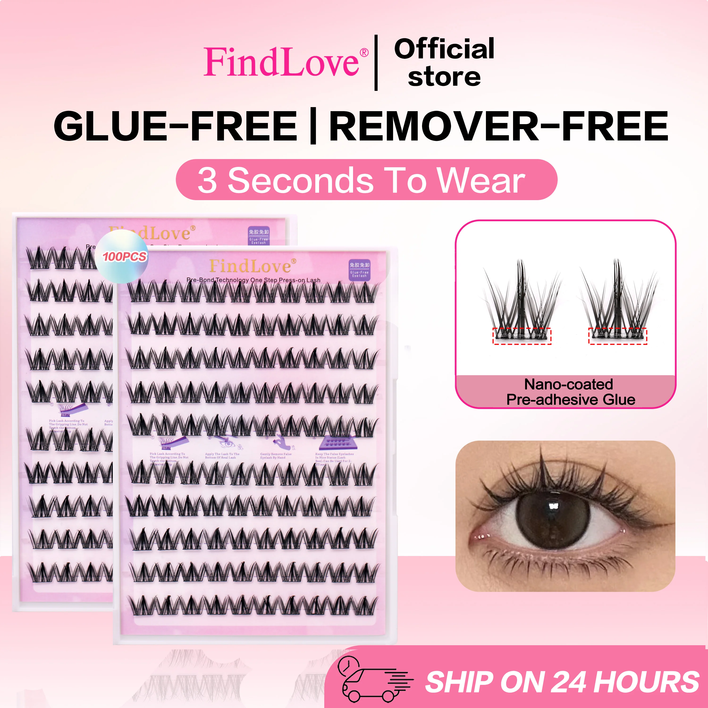 

100PCS FindLove Glue-free Eyelashes Hakimi C Curl 10-12mm False Eyelashes No Glue Need Lashes Reusable Self Adhesive Eyelashes