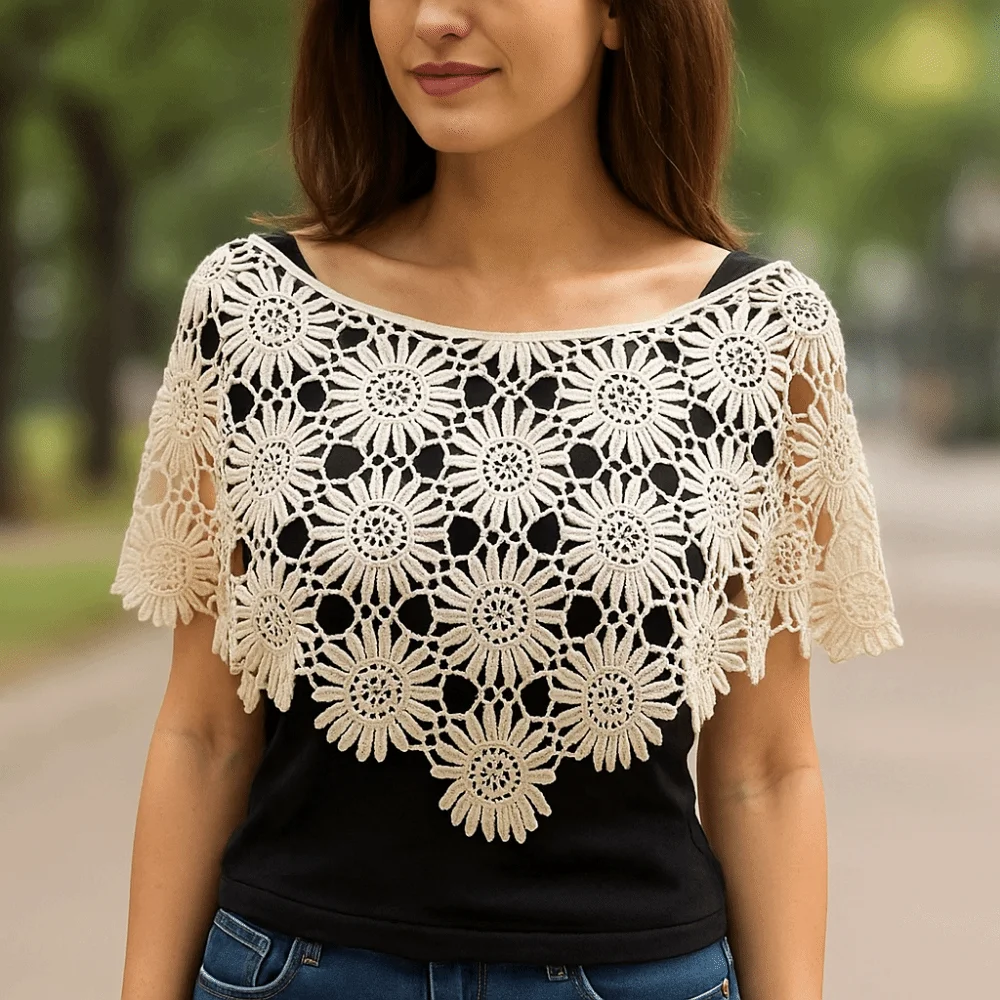 Kreativer falscher Häkelkragen, Tüllspitze, Boho-Chic, ausgehöhlte Weste, geschichteter Look, abnehmbarer Spitzenschal-Poncho