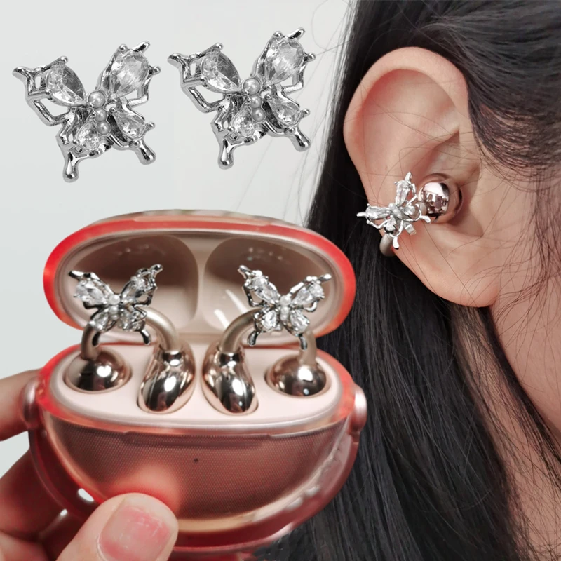 Detachable Crystal Butterfly Earrings Clip for Wireless Earbuds Cute Lightweight Diamond Buckle Exquisite Earphone Decoration