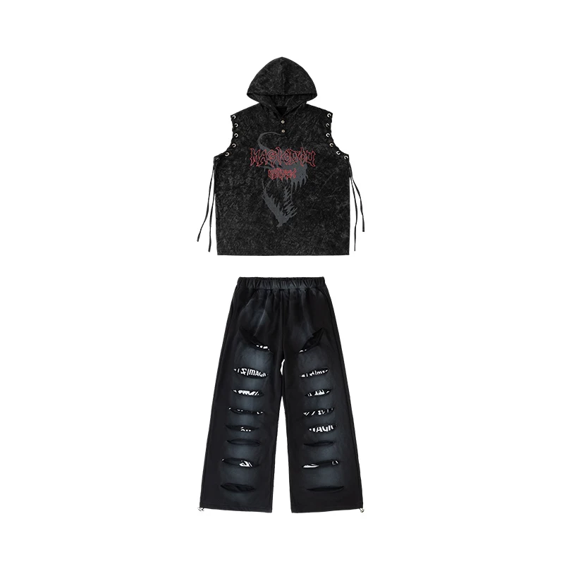 Jungen Punk Hip Hop Dance Kostüm Schwarz Mit Kapuze Tops Lose Hosen Teenager Straße Tanzen Leistung Kleidung Bühne Tragen BL16663