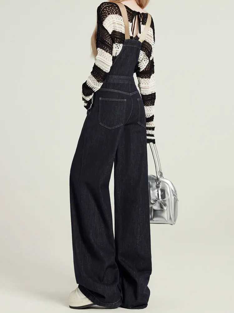 Salopette di jeans coreana retrò da donna a vita alta dimagrante scuola Sle Agel versatile tuta a gamba larga blu intenso