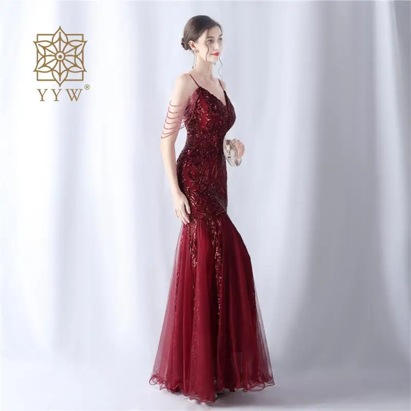 Mermaid Long Evening Dress For Women Pink Strap V Neck Maxi Wedding Vestido Elegant Evening Sequin Embroidery Ceremony Ball Gown