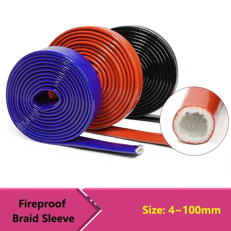 

1M Glass Fiber Braided Fireproof Sleeve Silicone Fiberglass Tube Coated Fire Retardant Case High Temperature Cable Sleeve