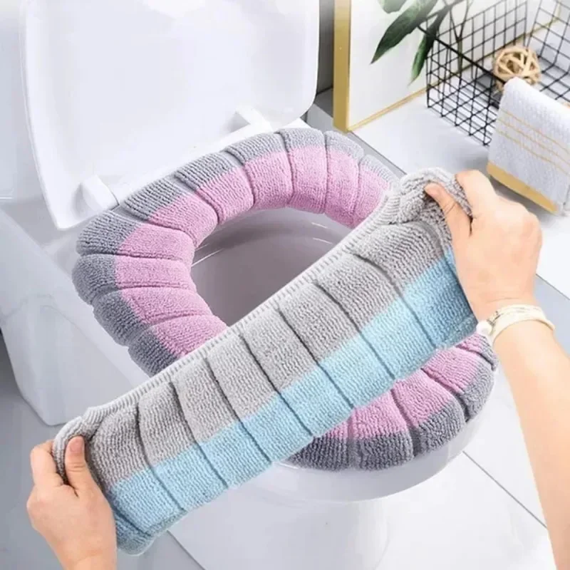 Universal Winter Warm Toilet Seat Cover Bathroom Toilet Pad Cushion with Handle Washable Knitting Mat Household Accessories