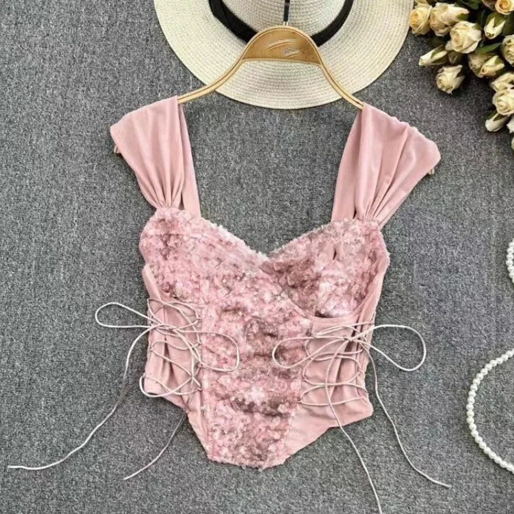 Traje de vacaciones Y2K Lolita Top sin mangas Floral Top cómodo para mujer Top de tubo Y2k blanco ligero elástico temporada de primavera