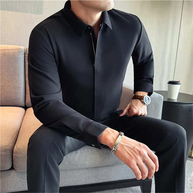 

Autumn Winter New Thicken Warm Woolen Shirt Fashion Zipper Design Seamless Slim Fit Casual Versatiles Social Party Tuxedo Shirts