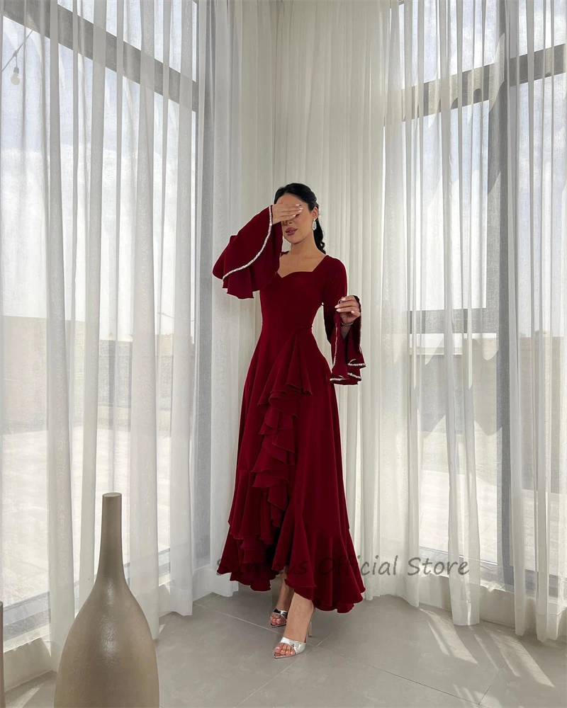 SUMNUS Vintage Burgundy Evening Dresses Saudi Arabic Women Flare Long Sleeves Ruffles Shiny Prom Gowns Event Formal Party Dress