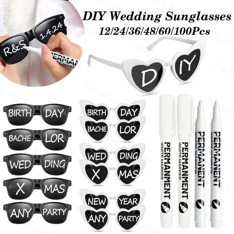 【セール中】12-100 個の結婚式のパーソナライズされたサングラスバルクカスタムサングラスペイントペン付き大人の DIY 誕生日ウェディングパーティーの記念品