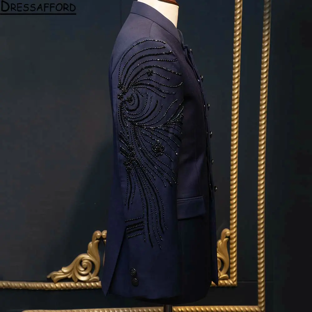 Dark Navy Crystal Beading Men Suits Two Pieces Groom Wear ( Jacket + Pants )