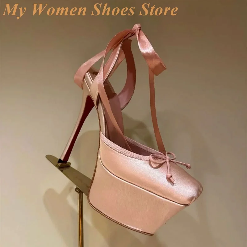 

Satin Platform Ankle Strap Pumps Stiletto Thin High Heel Square Toe Solid Pink White Handmade Runway 2026 New Arrivals Shoes
