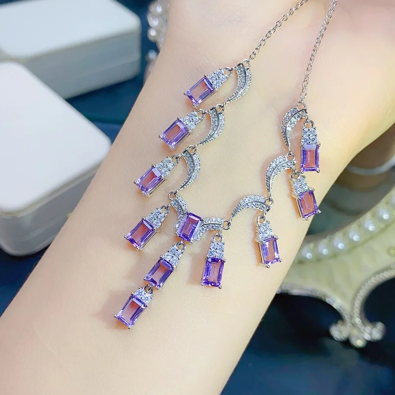 Natural Amethyst Necklace, 925 Sterling Silver, Luxury Emerald Cut Gemstone Pendant, Evening Party Fine Jewelry for Women view 5