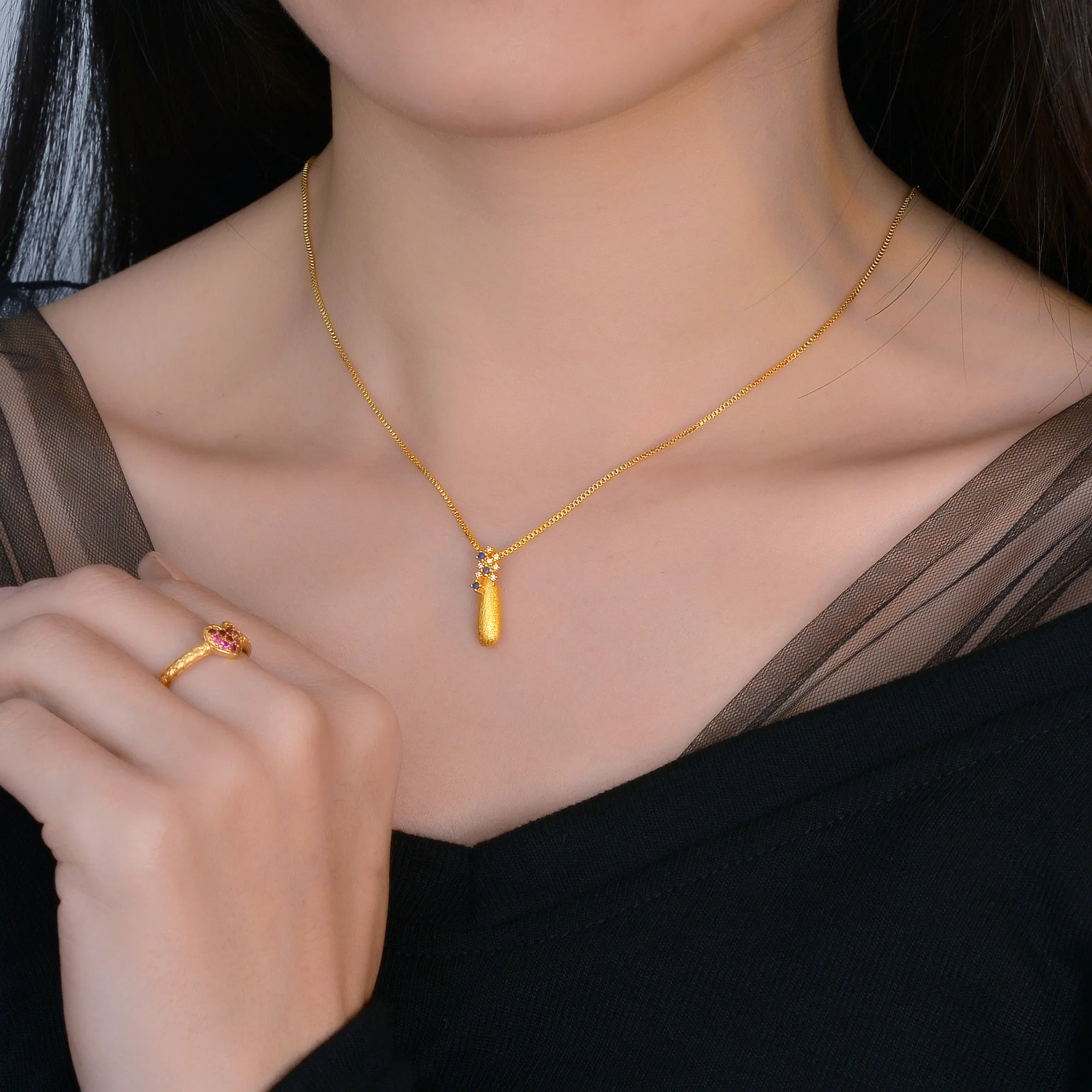 

Real K18 Gold Color Waterdrop Necklace Pendant for Women Bride Party Wedding Birthday O Link Chain Jewelry Gifts Not Fade