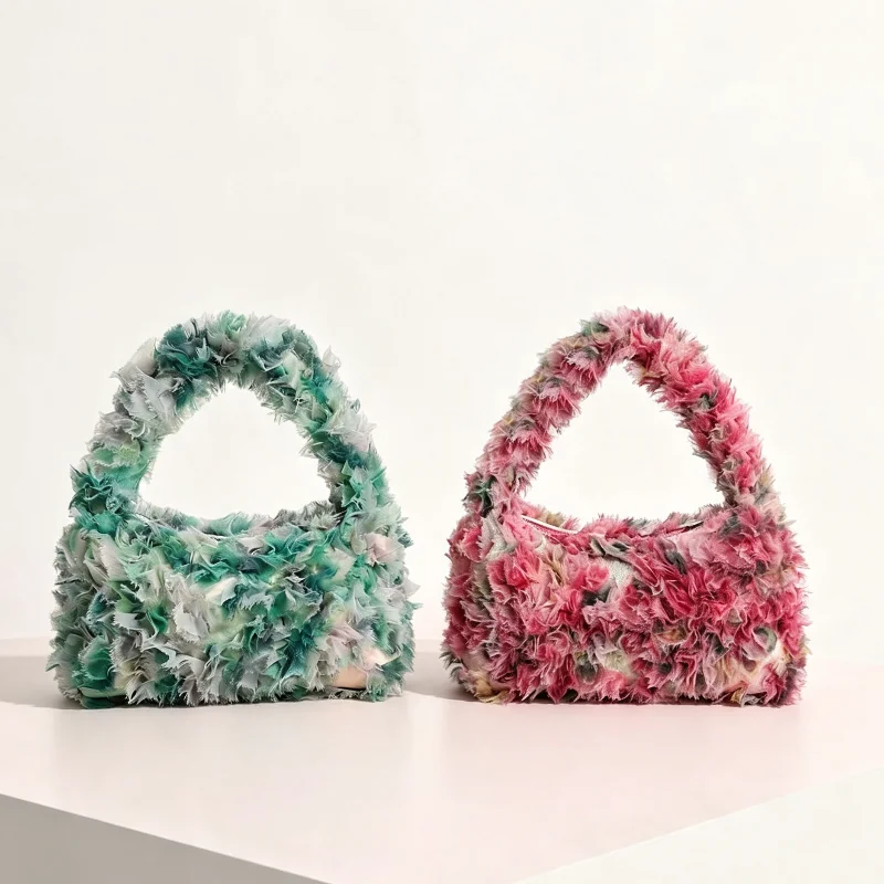 Luxury Color-block Plush Handbag Sweet Y2k-style Soft Long-pile Petal-detail Clutch Stylish Small Handbag For Dates And Parties
