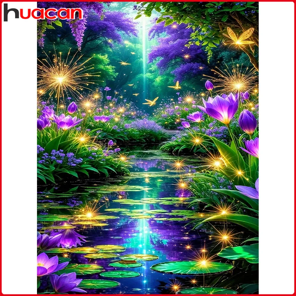 Huacan 5D-Diamantgemälde zum Selbermachen, Waldfluss, Diamantmosaik, Landschaftsblume, vollständiges Bild von Strasssteinen