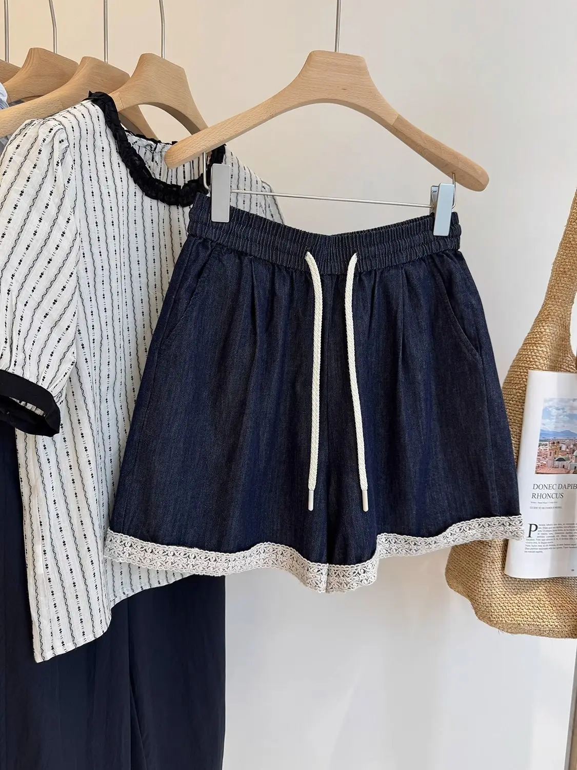 

Ретро-джинсы с кружевными вставками и высокой талией, мужские летние свободные шорты с эффектом похудения, широкие асимметричные прямые шорты-хотпэнты