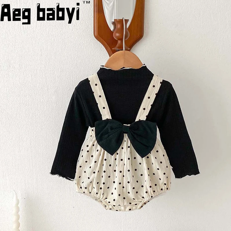 

Cute Baby Girl Spring New Clothes Sets 0-18M Newborn Kids Long Sleeve Black T-Shirt Tops + Romper Dot Suspender Shorts Outfits