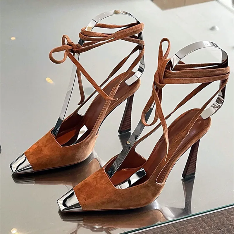 Sexy Metal Design Pointed Toe Women Pumps Retro Cross Straps Suede High Heels Fashion Roman Thin Heeled Sandals Tacones Mujer