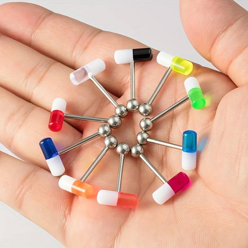 10pcs Men\'s Assorted Varieties Acrylic Pill Tongue Studs Stainless Steel Tongue Nail Body Piercing Jewelry For Woman