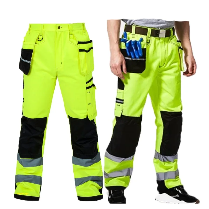 Reflective Safety Working Pants High Visibility Fluorescent Yellow Multi-pocket Work Trousers With Knee Pad Workwear Cargo Pants