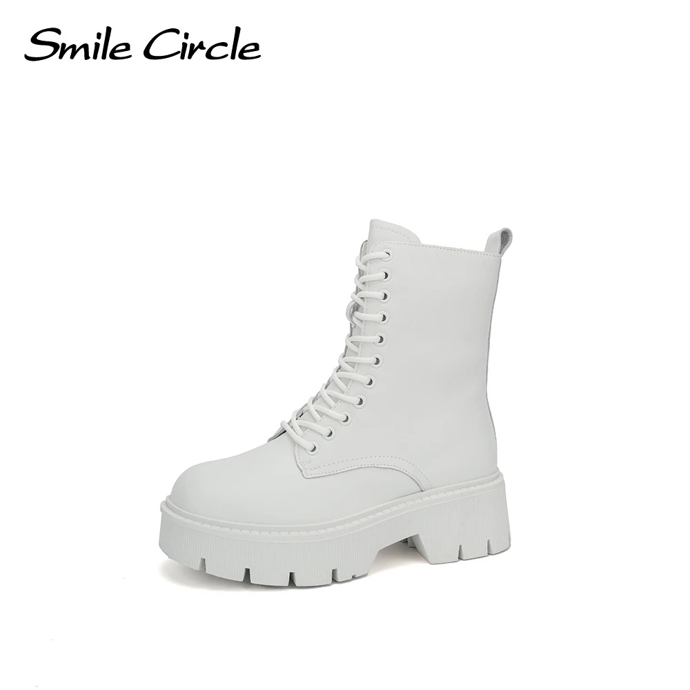 Smile Circle Women Boots Cowhide Lace-up Ankle Boots Fashion Wool New Style Casual Boots