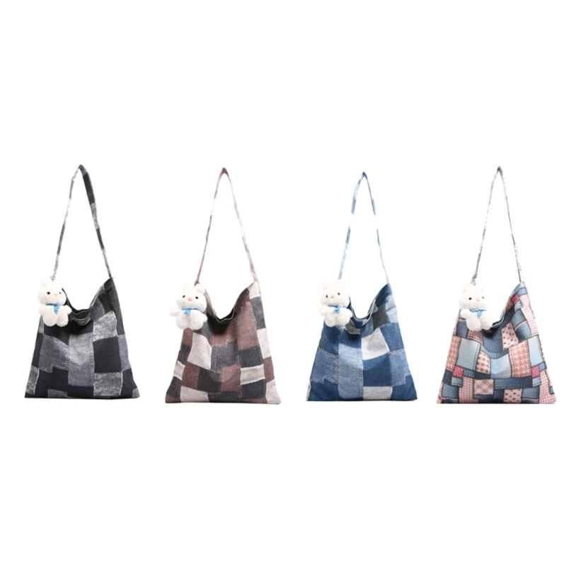 Casual Canvas Shoulder Bag Checkered Patchwork Handbag Purse for Work and Casual