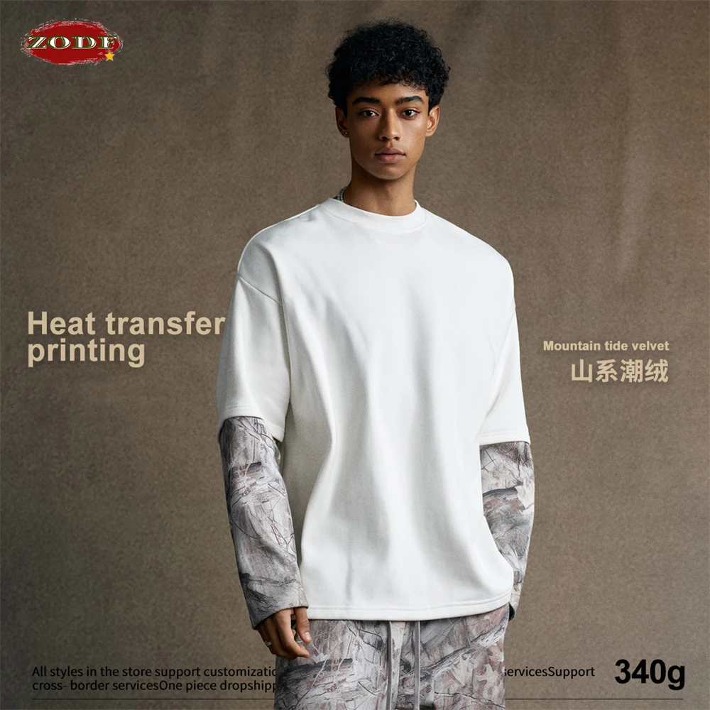 ZODF New Autumn Man Heat Transfer Printing T-Shirt Unisex Oversized 340gsm Fake 2-Piece Long Sleeve T Shirts Brand Tops HY1113