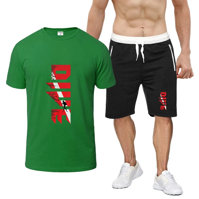 

Scuba Diving Diver Down Flag Print 2025 New Men's Summer Nine Color Short-sleeved Set Premium Trendy T-shirt + Shorts Suit