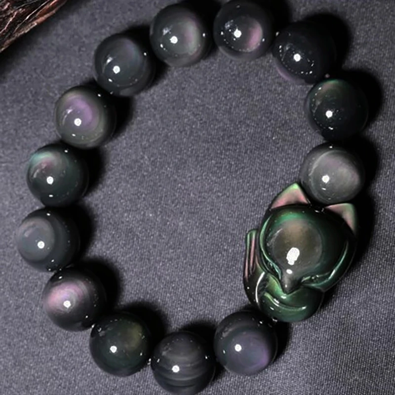 Rainbow Obsidian Big Head Small Fox Fairy Bangle Natural Stone Lucky For Women Men Crystal Bracelet Jewelry