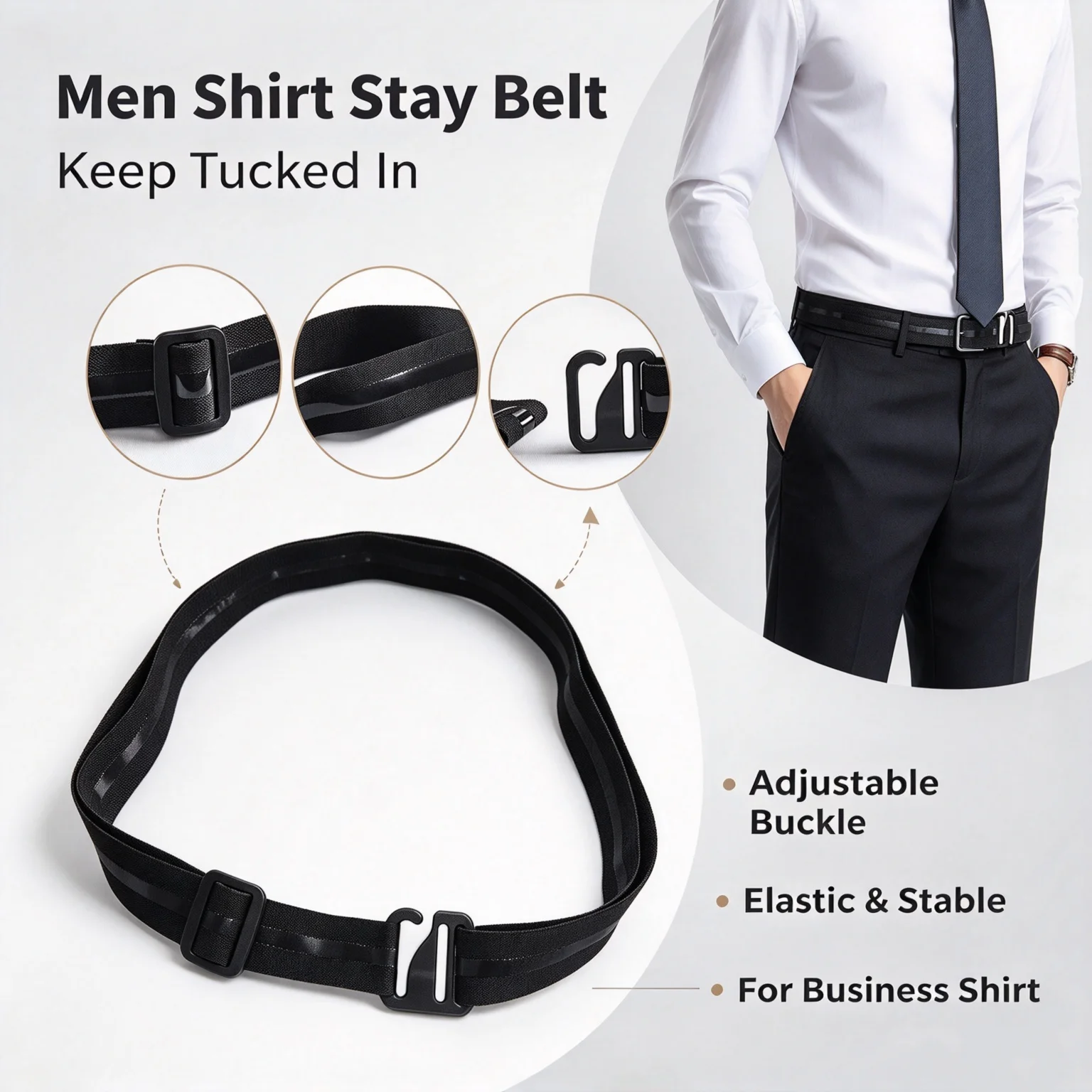 2pcs Men Shirt Stay Belt Adjustable Elastic Shirt Holder Belt Keep Shirt Tucked In Nylon Waist Strap for Formal Daily Wear