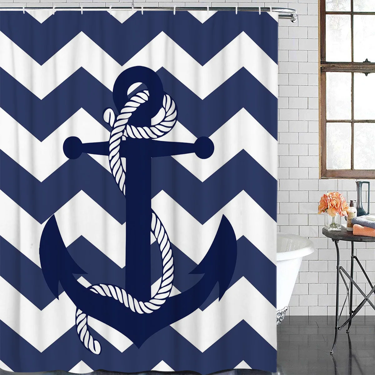 Anchor Navy Blue Ripple Waterproof Bathroom Decoration Shower Curtain With Hook Printed Bathtub Curtains Bathroom Accessories