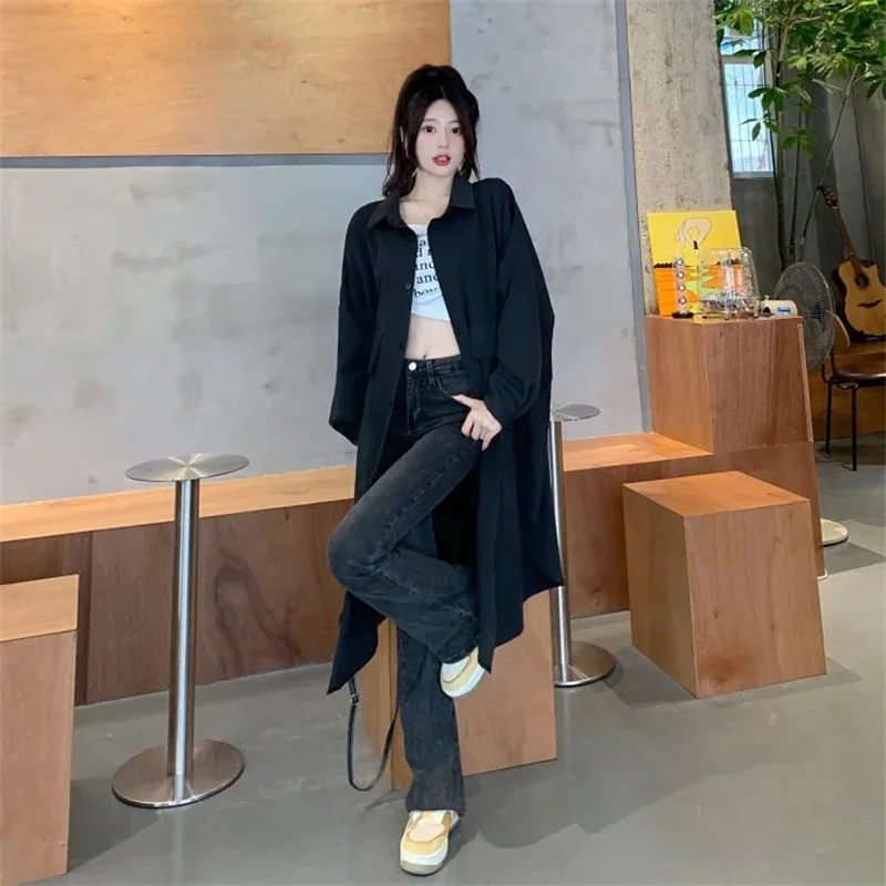 2024 Autumn New Loose Meat Covering Loose Mid length Windproof Coat Lazy Wind Bat Sleeve Shirt Women Fat mm Commuter Solid Color