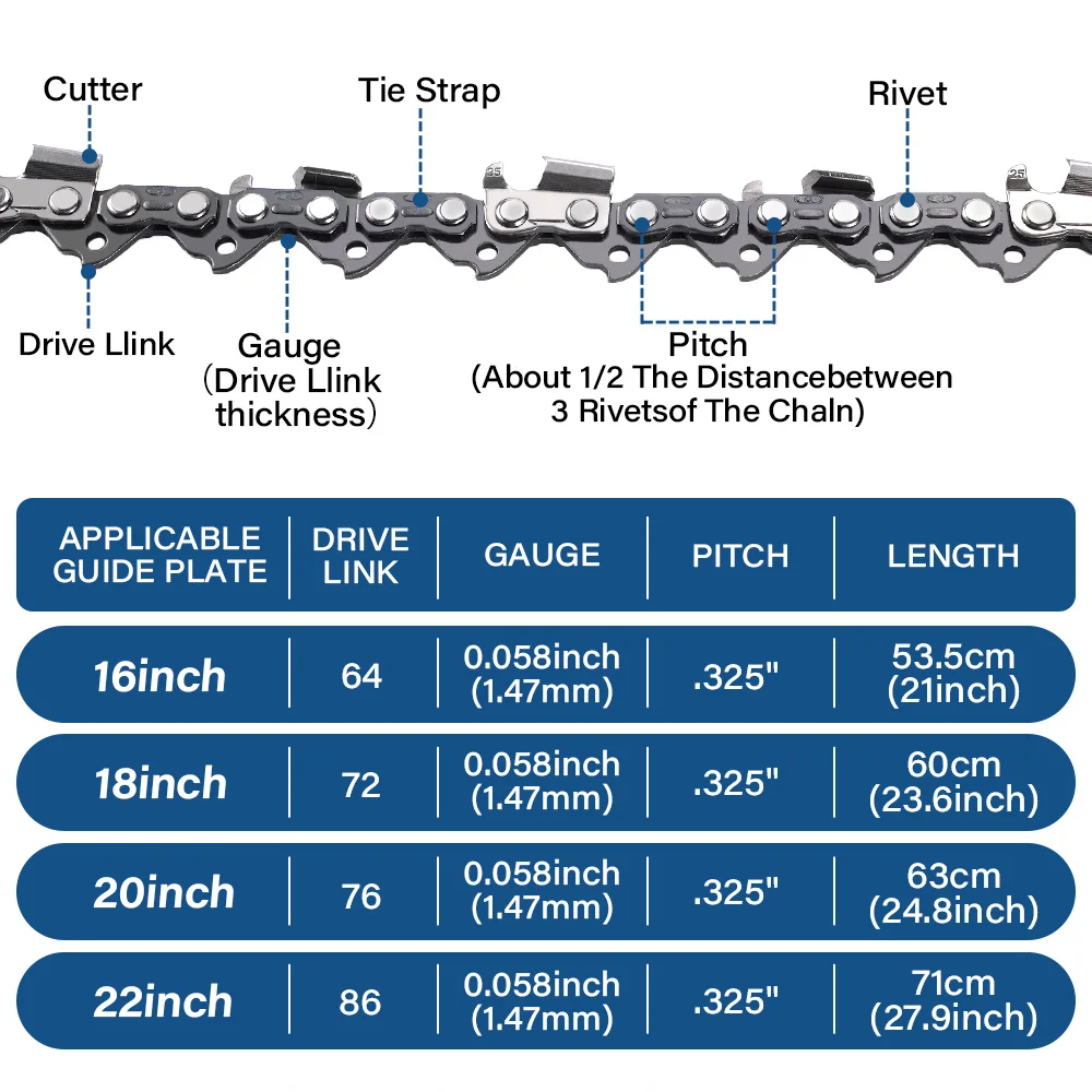 1 Buah 16/18/20/22 Inci 325 Pitch .058 Gauge Rantai Gergaji Mesin 64/72/76/86 Tautan Drive untuk Gergaji Mesin Pengganti Alat Pemotong Taman