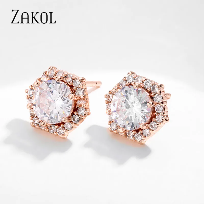 ZAKOL Classic Round AAA Cubic Zirconia Stud Earrings for Women Fashion Geometric Crystal Party Jewelry Brincos EP2421