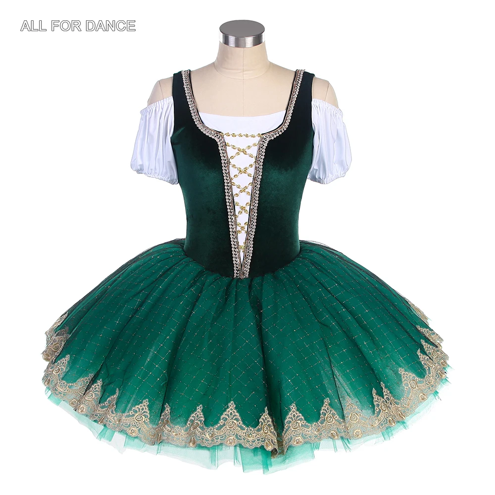 BLL564 Bell-shape Green Velvet Bodice Pre-professional Ballet Tutu Girsl & Women Stage Performance Costumes Competition Tutu