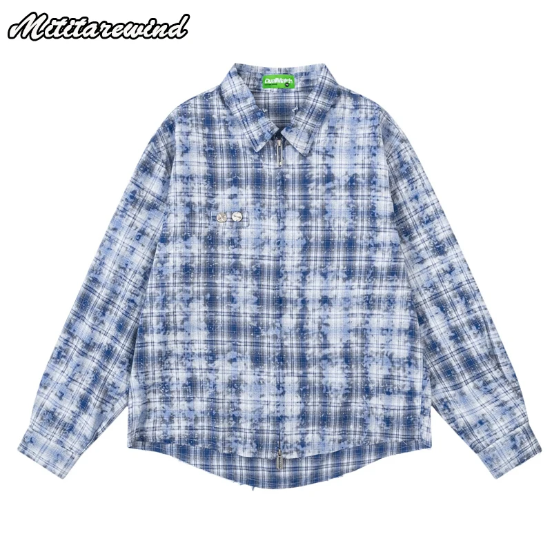 

Spring Autumn Retro Tie-dye Contrast Color Long Sleeve Plaid Shirt Jacket Men Hip Hop Streetwear Oversized Zipper Shirt Women